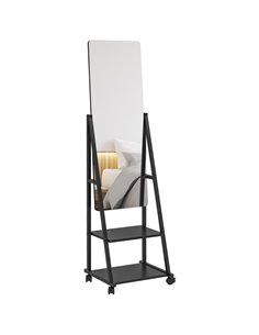 HOMCOM Rolling Full-Length Dressing Mirror on Wheels with Adjustable Angle & Storage Shelves for Bedroom 831-685V00BK