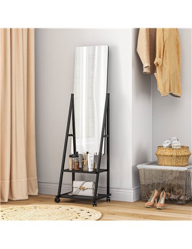 HOMCOM Rolling Full-Length Dressing Mirror on Wheels with Adjustable Angle & Storage Shelves for Bedroom 831-685V00BK