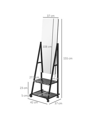 HOMCOM Rolling Full-Length Dressing Mirror on Wheels with Adjustable Angle & Storage Shelves for Bedroom 831-685V00BK