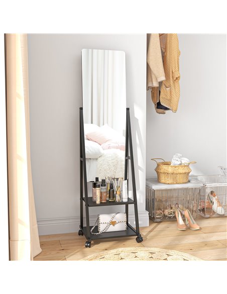 HOMCOM Rolling Full-Length Dressing Mirror on Wheels with Adjustable Angle & Storage Shelves for Bedroom 831-685V00BK - pic 94275 | FastDaddyshop