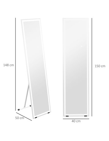 HOMCOM LED Dressing Mirror, Free Standing or Wall Mounted Bedroom Mirror with Dimmable & 3 Colour Lighting, White 831-721V70WT