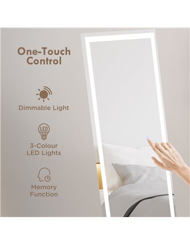 HOMCOM LED Dressing Mirror, Free Standing or Wall Mounted Bedroom Mirror with Dimmable & 3 Colour Lighting, White 831-721V70WT