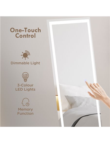 HOMCOM LED Dressing Mirror, Free Standing or Wall Mounted Bedroom Mirror with Dimmable & 3 Colour Lighting, White 831-721V70WT - pic 94289 | FastDaddyshop