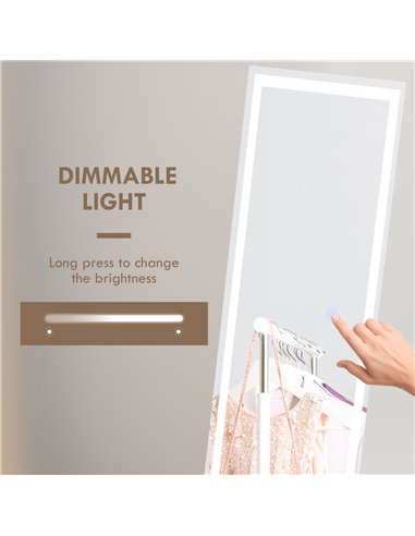 HOMCOM LED Dressing Mirror, Free Standing or Wall Mounted Bedroom Mirror with Dimmable & 3 Colour Lighting, White 831-721V70WT
