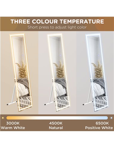 HOMCOM LED Dressing Mirror, Free Standing or Wall Mounted Bedroom Mirror with Dimmable & 3 Colour Lighting, White 831-721V70WT