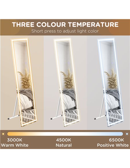 HOMCOM LED Dressing Mirror, Free Standing or Wall Mounted Bedroom Mirror with Dimmable & 3 Colour Lighting, White 831-721V70WT - pic 94291 | FastDaddyshop