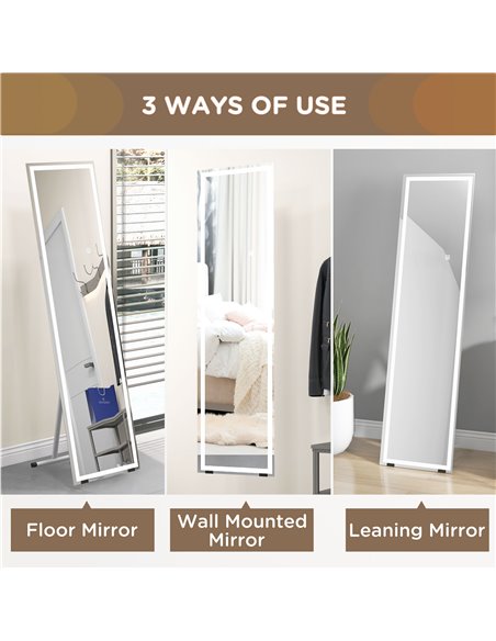 HOMCOM LED Dressing Mirror, Free Standing or Wall Mounted Bedroom Mirror with Dimmable & 3 Colour Lighting, White 831-721V70WT - pic 94292 | FastDaddyshop