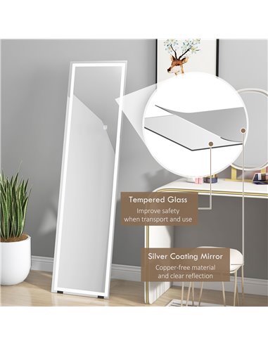 HOMCOM LED Dressing Mirror, Free Standing or Wall Mounted Bedroom Mirror with Dimmable & 3 Colour Lighting, White 831-721V70WT