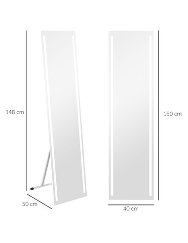HOMCOM LED Dressing Mirror, Standing Wall Bedroom Mirror with Dimmable 3 Colour Lighting, 23W, 40x50x148cm, White 831-720V70WT