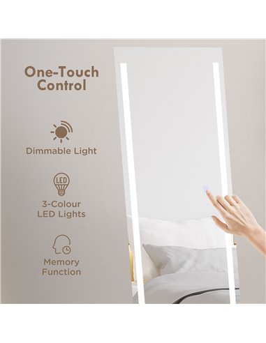 HOMCOM LED Dressing Mirror, Standing Wall Bedroom Mirror with Dimmable 3 Colour Lighting, 23W, 40x50x148cm, White 831-720V70WT