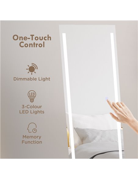HOMCOM LED Dressing Mirror, Standing Wall Bedroom Mirror with Dimmable 3 Colour Lighting, 23W, 40x50x148cm, White 831-720V70WT - pic 94298 | FastDaddyshop