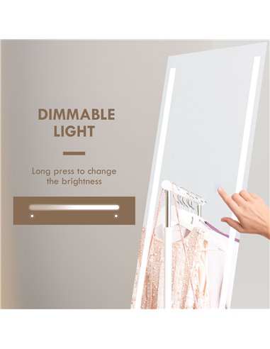 HOMCOM LED Dressing Mirror, Standing Wall Bedroom Mirror with Dimmable 3 Colour Lighting, 23W, 40x50x148cm, White 831-720V70WT