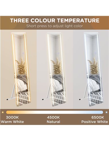 HOMCOM LED Dressing Mirror, Standing Wall Bedroom Mirror with Dimmable 3 Colour Lighting, 23W, 40x50x148cm, White 831-720V70WT