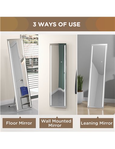 HOMCOM LED Dressing Mirror, Standing Wall Bedroom Mirror with Dimmable 3 Colour Lighting, 23W, 40x50x148cm, White 831-720V70WT
