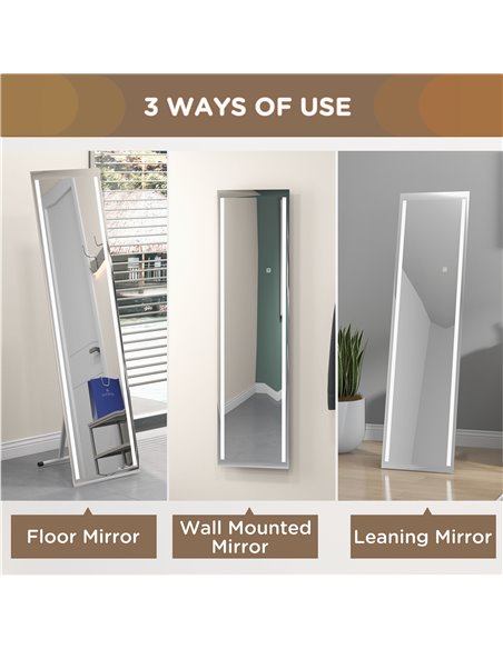 HOMCOM LED Dressing Mirror, Standing Wall Bedroom Mirror with Dimmable 3 Colour Lighting, 23W, 40x50x148cm, White 831-720V70WT - pic 94301 | FastDaddyshop