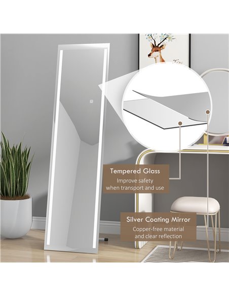 HOMCOM LED Dressing Mirror, Standing Wall Bedroom Mirror with Dimmable 3 Colour Lighting, 23W, 40x50x148cm, White 831-720V70WT - pic 94302 | FastDaddyshop