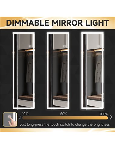 HOMCOM Full Length Mirror with Dimming, 3 Colour LED, Smart Touch, Memory Function, 120 x 40cm, Long Wall Mounted 830-807V70CR