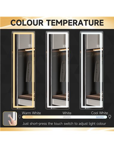 HOMCOM Full Length Mirror with Dimming, 3 Colour LED, Smart Touch, Memory Function, 120 x 40cm, Long Wall Mounted 830-807V70CR