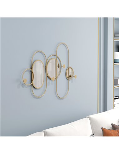 HOMCOM Decorative Metal Wall Mirror with Coat Hooks, Modern Art for Living Room Bedroom, Gold Tone 830-810V00GD