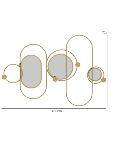 HOMCOM Decorative Metal Wall Mirror with Coat Hooks, Modern Art for Living Room Bedroom, Gold Tone 830-810V00GD