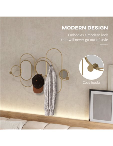HOMCOM Decorative Metal Wall Mirror with Coat Hooks, Modern Art for Living Room Bedroom, Gold Tone 830-810V00GD - pic 94316 | FastDaddyshop