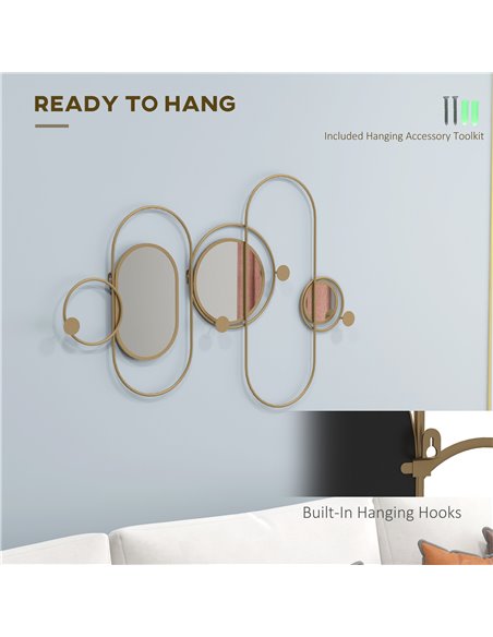 HOMCOM Decorative Metal Wall Mirror with Coat Hooks, Modern Art for Living Room Bedroom, Gold Tone 830-810V00GD - pic 94317 | FastDaddyshop