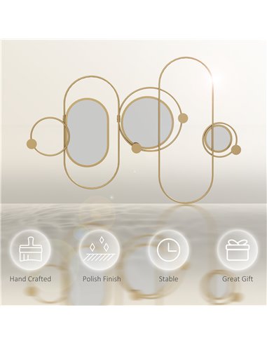HOMCOM Decorative Metal Wall Mirror with Coat Hooks, Modern Art for Living Room Bedroom, Gold Tone 830-810V00GD