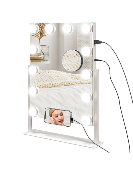 HOMCOM Hollywood Vanity Mirror with Lights, 37x46 cm Lighted Makeup Mirror w/ 3 Colour, LED Bulbs, 10X Magnifying, USB Charging  - pic 94376 | FastDaddyshop