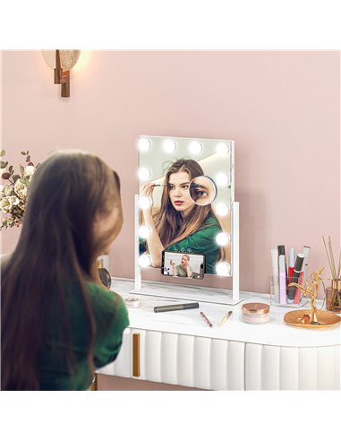 HOMCOM Hollywood Vanity Mirror with Lights, 37x46 cm Lighted Makeup Mirror w/ 3 Colour, LED Bulbs, 10X Magnifying, USB Charging 