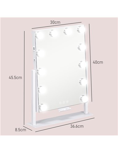 HOMCOM Hollywood Vanity Mirror with Lights, 37x46 cm Lighted Makeup Mirror w/ 3 Colour, LED Bulbs, 10X Magnifying, USB Charging 