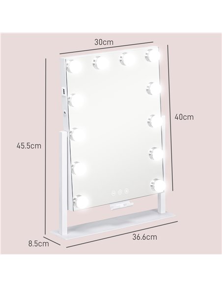 HOMCOM Hollywood Vanity Mirror with Lights, 37x46 cm Lighted Makeup Mirror w/ 3 Colour, LED Bulbs, 10X Magnifying, USB Charging  - pic 94378 | FastDaddyshop