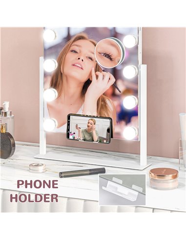 HOMCOM Hollywood Vanity Mirror with Lights, 37x46 cm Lighted Makeup Mirror w/ 3 Colour, LED Bulbs, 10X Magnifying, USB Charging 