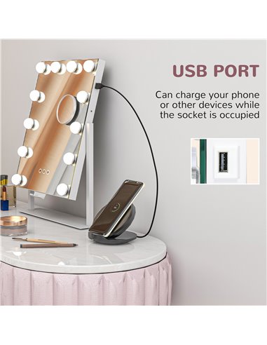 HOMCOM Hollywood Vanity Mirror with Lights, 37x46 cm Lighted Makeup Mirror w/ 3 Colour, LED Bulbs, 10X Magnifying, USB Charging 