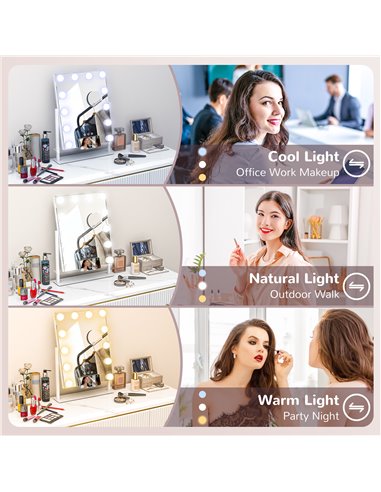 HOMCOM Hollywood Vanity Mirror with Lights, 37x46 cm Lighted Makeup Mirror w/ 3 Colour, LED Bulbs, 10X Magnifying, USB Charging 