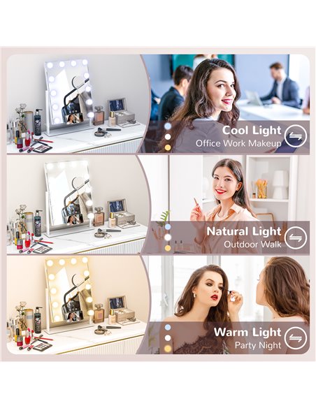 HOMCOM Hollywood Vanity Mirror with Lights, 37x46 cm Lighted Makeup Mirror w/ 3 Colour, LED Bulbs, 10X Magnifying, USB Charging  - pic 94381 | FastDaddyshop