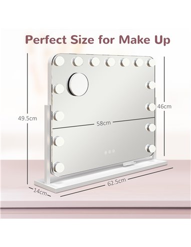 HOMCOM Hollywood Vanity Mirror with Lights, Large 63x50 cm Lighted Makeup Mirror with 3 Colour, 10X Magnifying, USB Charging Por