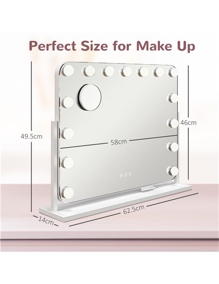 HOMCOM Hollywood Vanity Mirror with Lights, Large 63x50 cm Lighted Makeup Mirror with 3 Colour, 10X Magnifying, USB Charging Por - pic 94387 | FastDaddyshop