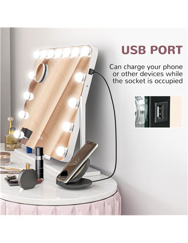 HOMCOM Hollywood Vanity Mirror with Lights, Large 63x50 cm Lighted Makeup Mirror with 3 Colour, 10X Magnifying, USB Charging Por
