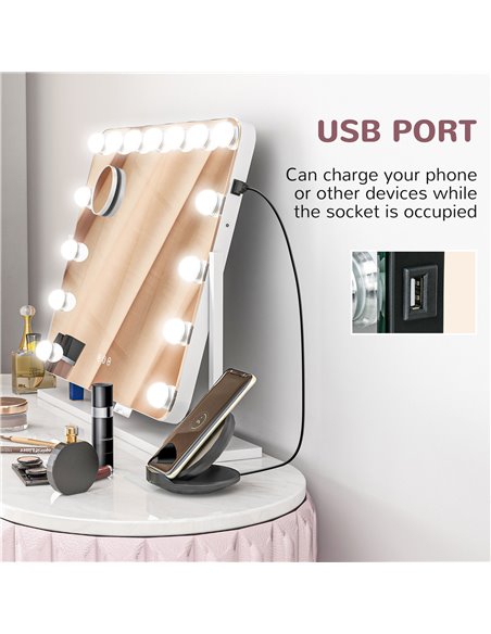 HOMCOM Hollywood Vanity Mirror with Lights, Large 63x50 cm Lighted Makeup Mirror with 3 Colour, 10X Magnifying, USB Charging Por - pic 94388 | FastDaddyshop