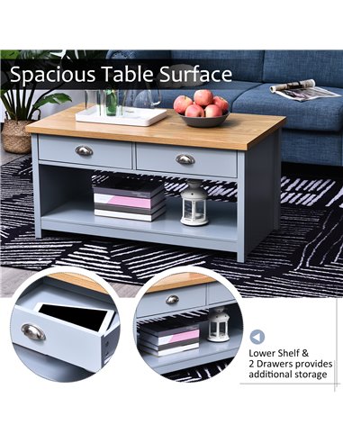 HOMCOM Coffee Table w/ 2 Drawers Open Display Wood Effect Tabletop Living Room Storage Retro Style Chic Polished Handles
