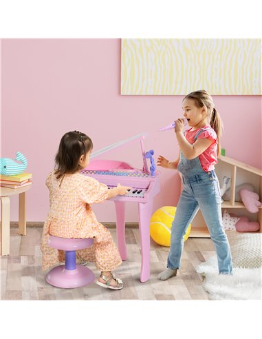 HOMCOM Mini Electronic Piano with Stool, Educational Musical Instrument, Interactive Play, Pink 390-003PK
