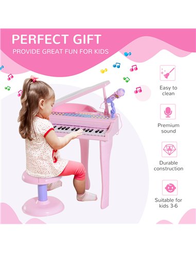 HOMCOM Mini Electronic Piano with Stool, Educational Musical Instrument, Interactive Play, Pink 390-003PK
