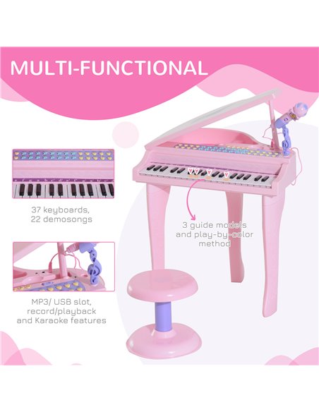 HOMCOM Mini Electronic Piano with Stool, Educational Musical Instrument, Interactive Play, Pink 390-003PK - pic 94488 | FastDaddyshop