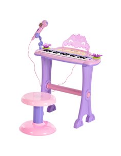HOMCOM Electronic Organ for Kids, Mini Piano with Microphone and Stool, Interactive Music Play, Purple/Pink 390-005PK
