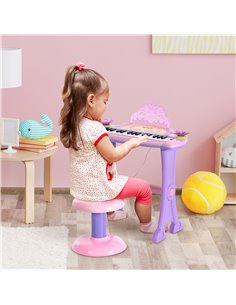 HOMCOM Electronic Organ for Kids, Mini Piano with Microphone and Stool, Interactive Music Play, Purple/Pink 390-005PK 2