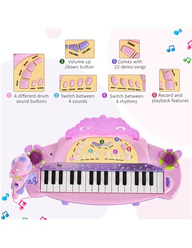 HOMCOM Electronic Organ for Kids, Mini Piano with Microphone and Stool, Interactive Music Play, Purple/Pink 390-005PK