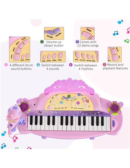 HOMCOM Electronic Organ for Kids, Mini Piano with Microphone and Stool, Interactive Music Play, Purple/Pink 390-005PK - pic 94496 | FastDaddyshop