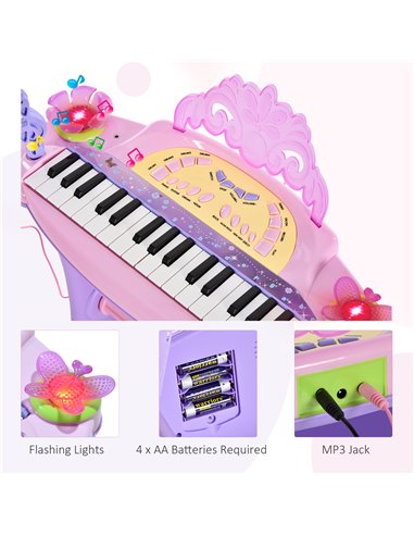HOMCOM Electronic Organ for Kids, Mini Piano with Microphone and Stool, Interactive Music Play, Purple/Pink 390-005PK
