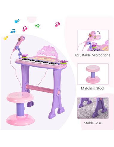 HOMCOM Electronic Organ for Kids, Mini Piano with Microphone and Stool, Interactive Music Play, Purple/Pink 390-005PK