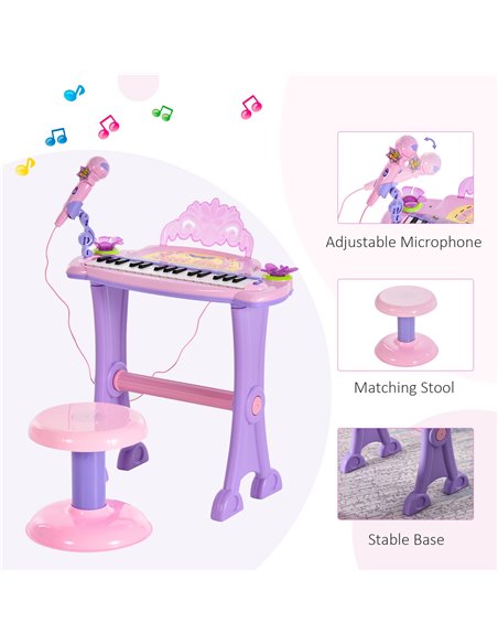 HOMCOM Electronic Organ for Kids, Mini Piano with Microphone and Stool, Interactive Music Play, Purple/Pink 390-005PK - pic 94498 | FastDaddyshop